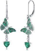 wholesale  Sterling Silver Garnet Emerald Butterfly Dangle Earrings w Heart Gems -0-0