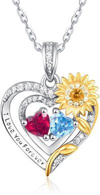 wholesale Sterling Silver 2 Birthstones Sunflower Heart Necklace for Women-07-12-Jul-Dec