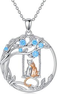 wholesale 925 Sterling Silver 925 Blue Crystal Cat & Tree of Life Pendant Necklace for Women-03-Aquamarine - Cat