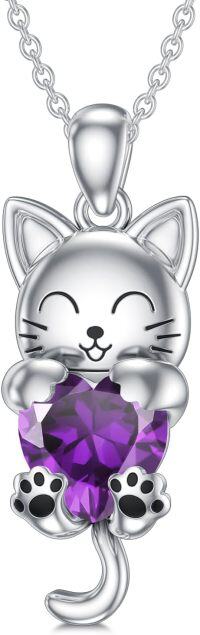 wholesale 925 Sterling Silver Birthstone Cat Pendant Necklace for Women-February(Amethyst)