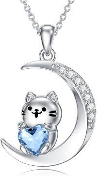 wholesale Sterling Silver Birthstone Cat Pendant Necklace for Women-03 March-Aquamarine