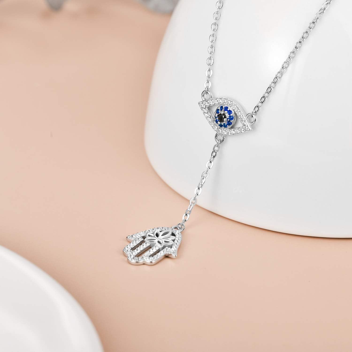 925 Sterling Silver Evil Eye Hamsa Hand Lariat Necklace with Blue and White CZs Protection Amulet  for Women-0-1