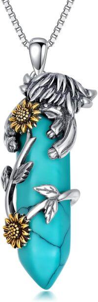 wholesale 925 Sterling Silver Turquoise Sunflower Highland Cow Pendant Necklace Gifts for Women-Turquoise