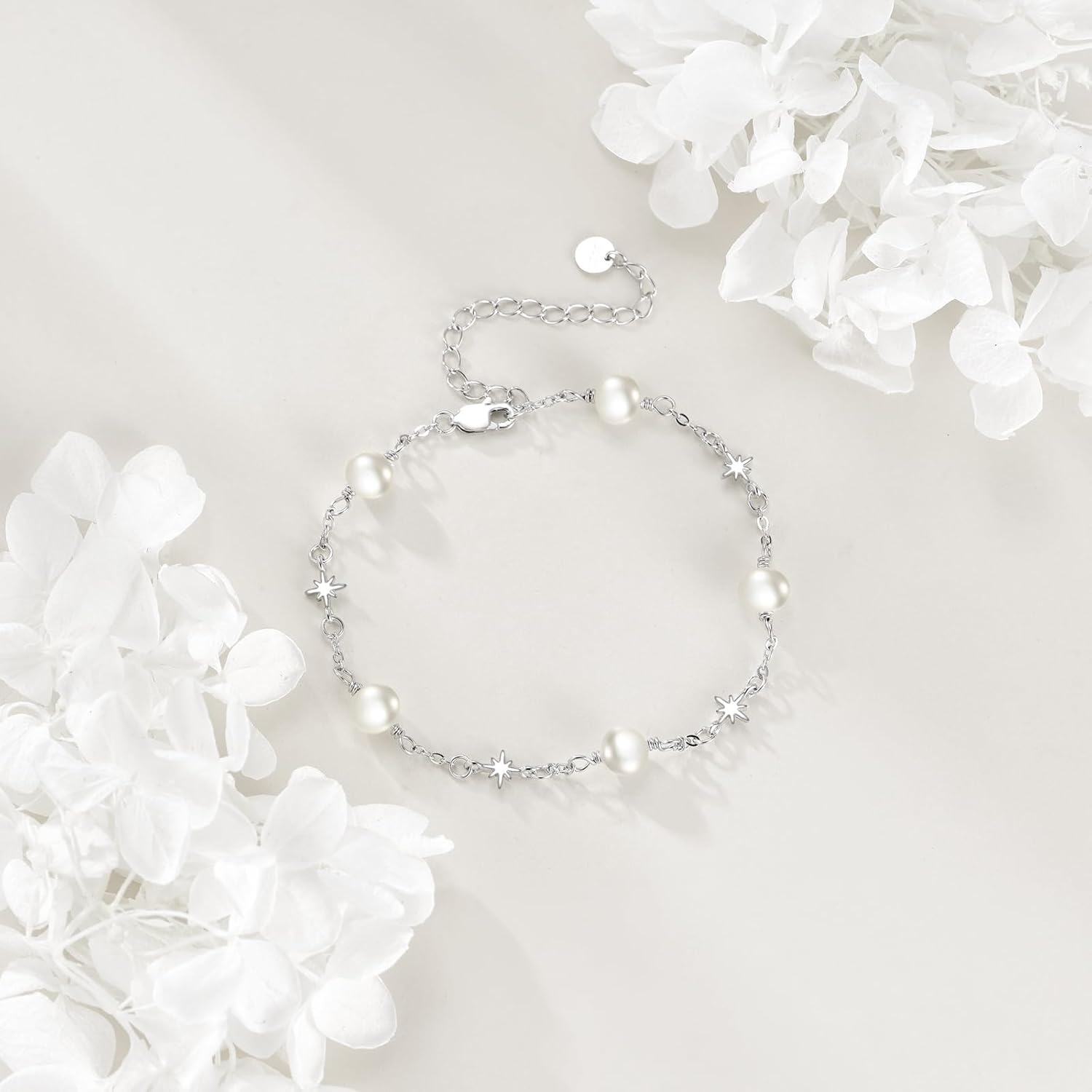 925 Sterling Silver Pearl Star Charm Bracelet Gift for Mom-0-4
