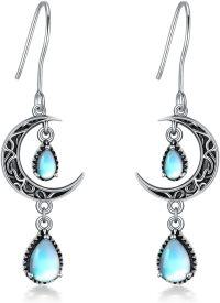 wholesale Sterling Silver Moon Earrings w Emerald Amethyst Ruby Sapphire Pink Peridot Aquamarine Citrine Black Rainbow Topaz Celtic Dangle Drops-Moonstone