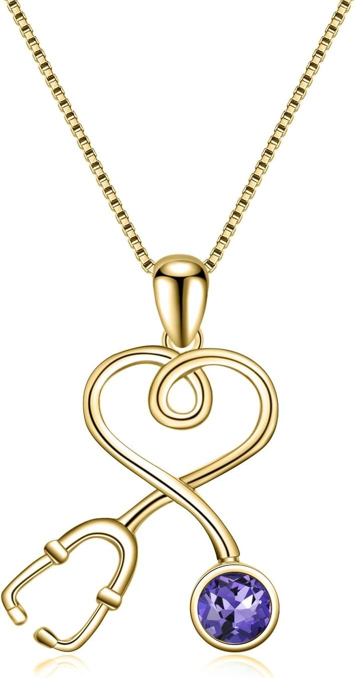 wholesale 925 Sterling Silver Plated Gold Infinity Heart Stethoscope Pendant Necklace with Cubic Zirconia Accent for Nurses Doctors Gifts-Amethyst Purple