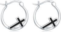 wholesale 925 Sterling Silver 3D Cross Design Black Enamel Small Circle Hoop Earrings for Women Girls -Blcak Onyx