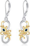 wholesale 925 Sterling Silver Peacock Feather Drop Earrings with Blue Eyes and Gold Accents for Women Girls-0-0