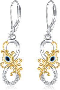 wholesale 925 Sterling Silver Peacock Feather Drop Earrings with Blue Eyes and Gold Accents for Women Girls-I-Feather
