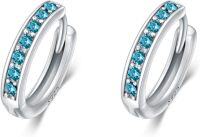 wholesale 925 Sterling Silver 925 Sterling Silver Cubic Zirconia Austrian Crystals Birthstone Huggie Hoop Earrings-15mm-12 Dec.(Blue Topaz)