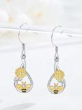 wholesale 925 Sterling Silver AAA Cubic Zirconia Bee Sunflower Dangle Drop Earrings-0-2