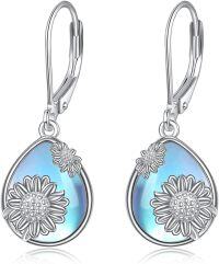 wholesale 925 Sterling Silver Teardrop Blue Opal Sunflower Leverback Dangle Earrings-MoonstoneEarring-Sunflower