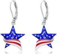 wholesale 925 Sterling Silver American Flag Star Drop Dangle Leverback Earrings for Women Girls USA Patriotic  4th July Independence Day Accessories-American flag-star