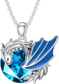 wholesale 14K Gold Blue Topaz Heart Shaped Wyvern Dragon Pendant Necklace for Women-12-December