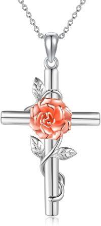 wholesale 925 Sterling Silver Floral Cross Pendant Necklace w/ Pink Carnation & White Daisy Stones - Elegant Gift for Her-Carnation
