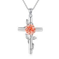 wholesale 925 Sterling Silver Floral Cross Pendant Necklace w/ Pink Carnation & White Daisy Stones - Elegant Gift for Her-Carnation