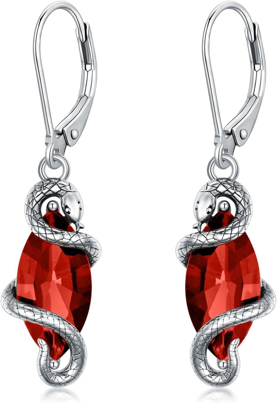 Sterling Silver Crystal Vintage Snake Dangle Drop Leverback Earrings for Women-Garnet Red