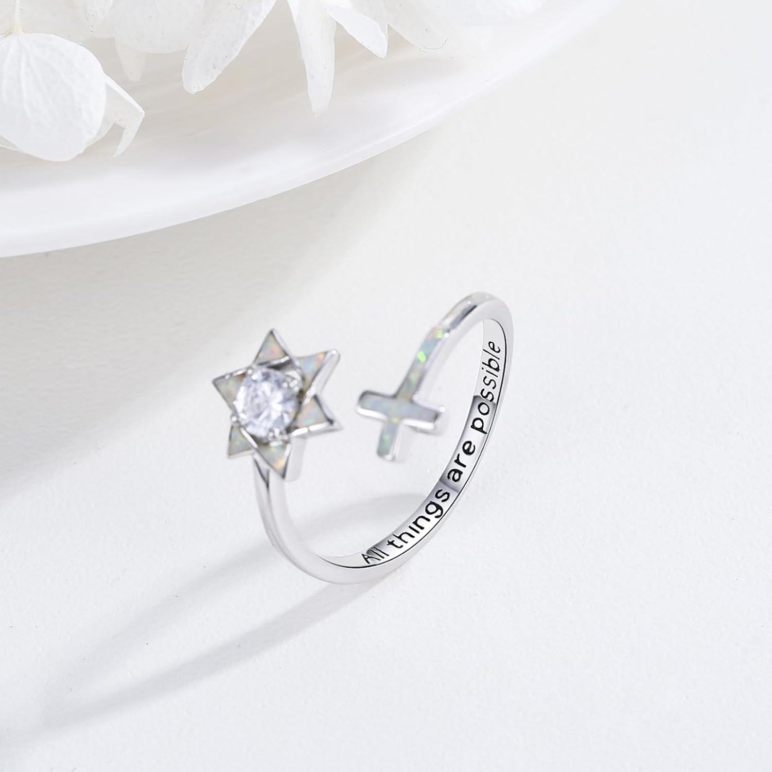 Sterling Silver Opal Star of David Ring for Women Hanukkah Jewelry Gift-0-3
