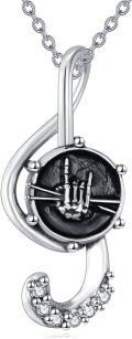wholesale 925 Sterling Silver Music Note with Hand Print and Black Stone Pendant Necklace for Women-0-0