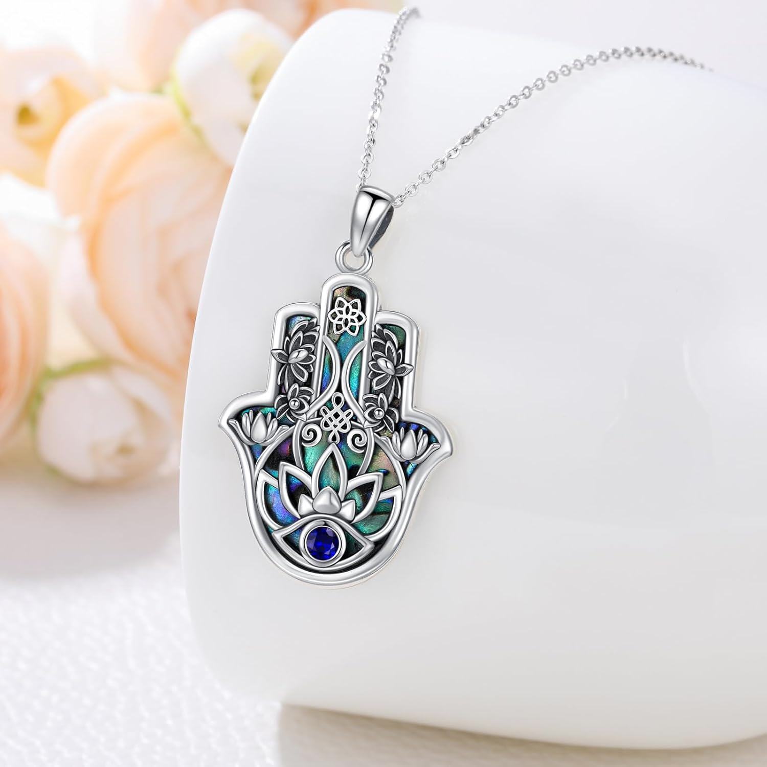 wholesale 925 Sterling Silver Abalone Shell Inlay Evil Eye Hamsa Hand Pendant Necklace for Women-0-2