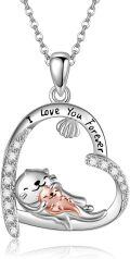 wholesale 925 Sterling Silver Cat and Fish Heart Pendant Necklace with Cubic Zirconia Gifts for Women-0-0