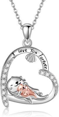 wholesale 925 Sterling Silver Cat and Fish Heart Pendant Necklace with Cubic Zirconia Gifts for Women-otter