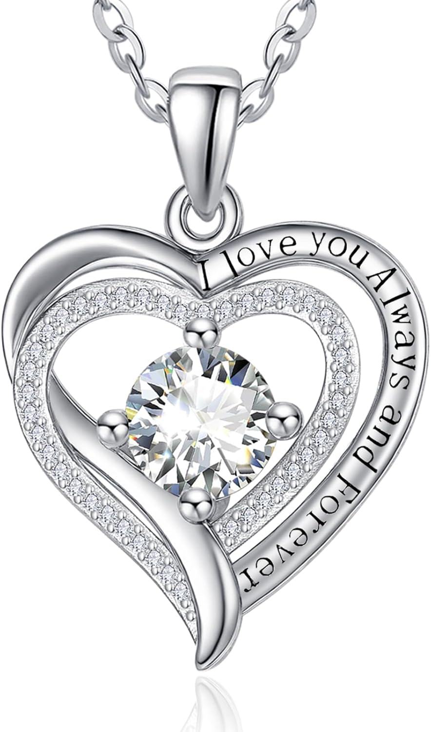 Sterling Silver White Gold Heart Pendant Necklace w Birthstone for Women-04-Apr