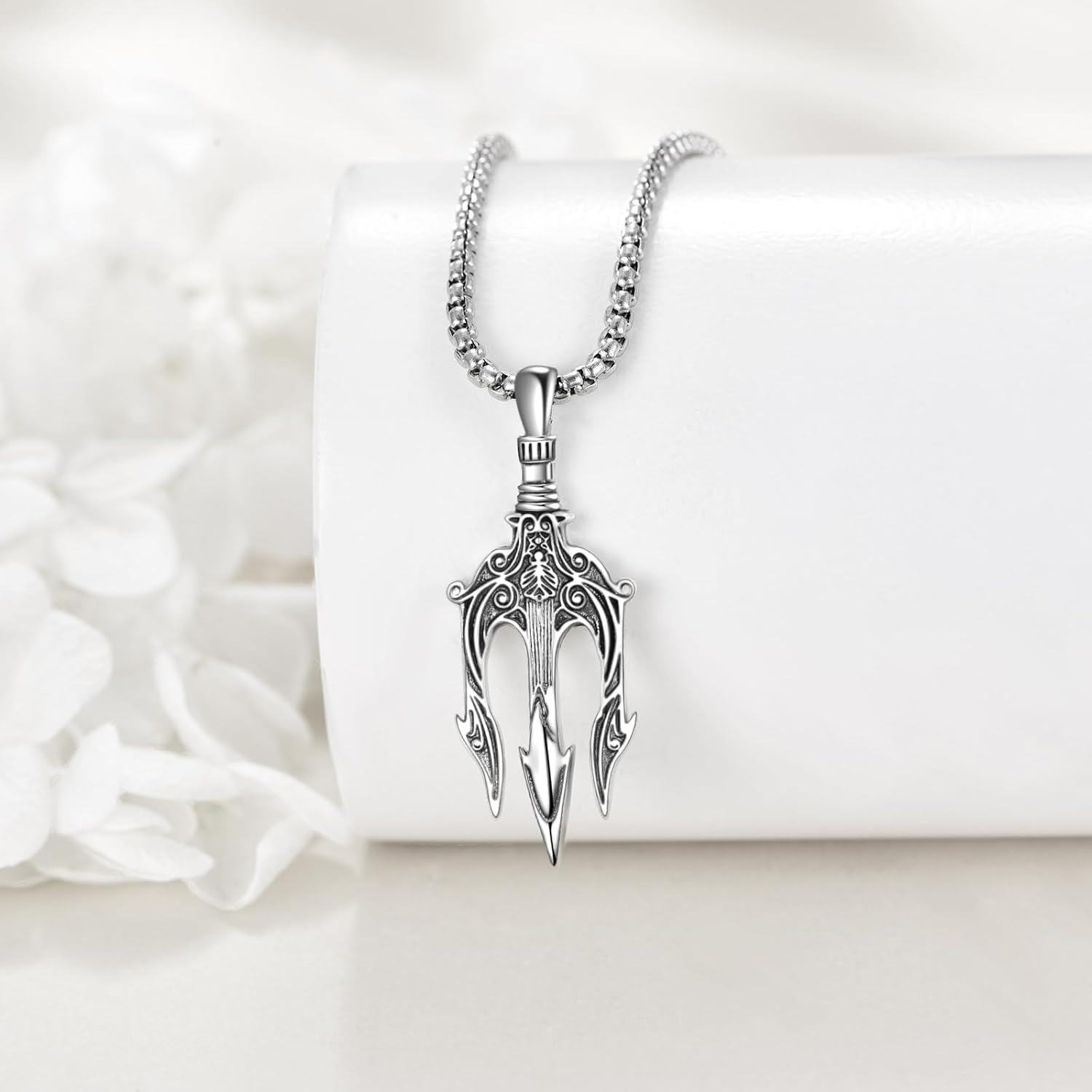 wholesale 925 Sterling Silver Trident Necklace for Men - Vintage Style Pendant with Lion Head Design and Chain Gift Set with Stainless Steel Chain-0-3