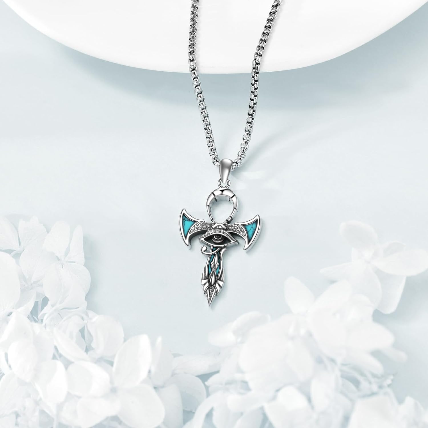 wholesale 925 Sterling Silver Turquoise Eye of Horus Cross Pendant Necklaces for Women Men Egyptian  45cm Chain Length-0-2