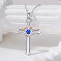 wholesale 925 Sterling Silver Blue Heart Cross Pendant Necklace with CZ Stones and Chain for Women Girls Gifts-0-2