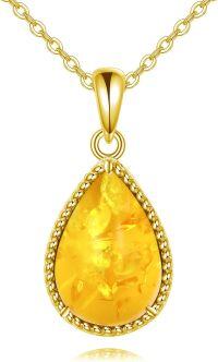 wholesale Sterling Silver Moss Agate Turquoise Larimar Aquamarine Opal Black Onyx Rose Quartz Moonstone Pendant Necklace-Gold Amber