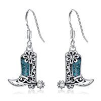 wholesale 925 Sterling Silver Cowboy Boot Drop Earrings Oxidized Turquoise Flower Western Design-Cowboy Boot-1