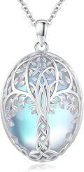 wholesale 925 Sterling Silver Blue Moonstone Tree of Life Lotus Vine Locket Shell Pendant Necklace-0-0