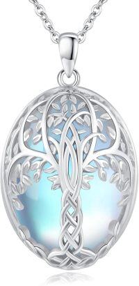 wholesale 925 Sterling Silver Blue Moonstone Tree of Life Lotus Vine Locket Shell Pendant Necklace-Tree of Life