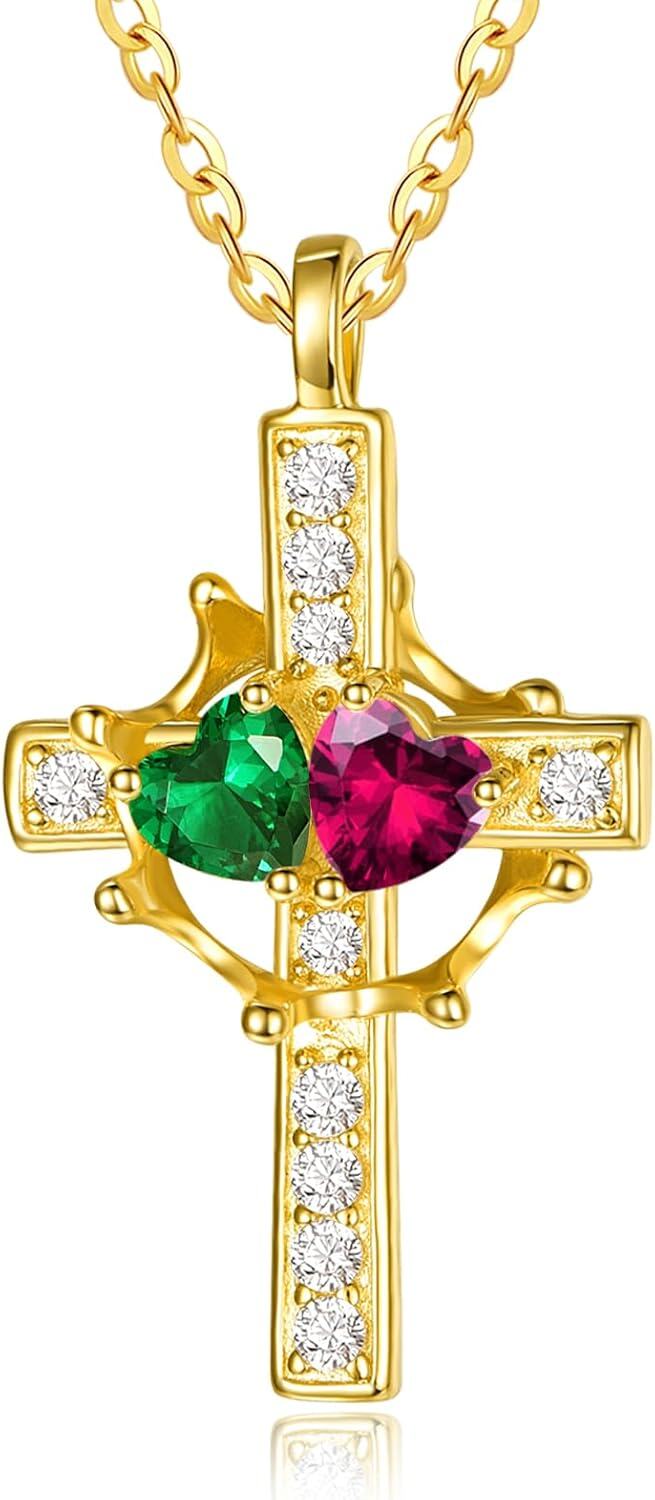 Sterling Silver Birthstones Gold Cross Necklace for Women -05-07-May-Jul-05-07-May-Jul