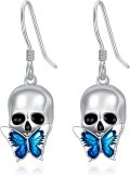 wholesale 925 Sterling Silver Blue Butterfly Skull Drop Earrings-0-0