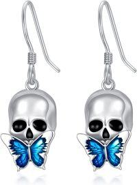 wholesale 925 Sterling Silver Blue Butterfly Skull Drop Earrings-Skull Butterfly