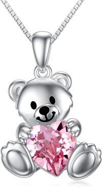 wholesale  Sterling Silver Crystal Teddy Bear Necklace Birthstone Jewelry Gift for Women -Pink Crystal