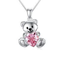 wholesale 925 Sterling Silver Crystal Teddy Bear Necklace Birthstone Jewelry Gift for Women-Pink Crystal