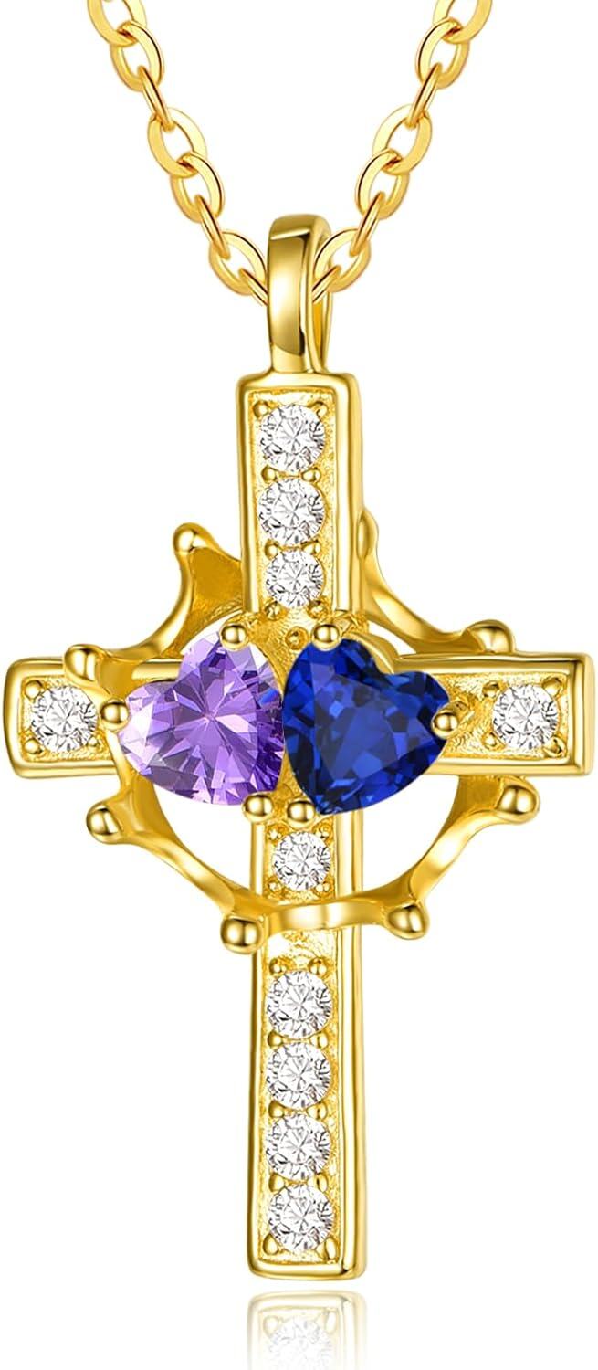 Sterling Silver Birthstones Gold Cross Necklace for Women -02-09-Feb-Sept-02-09-Feb-Sept
