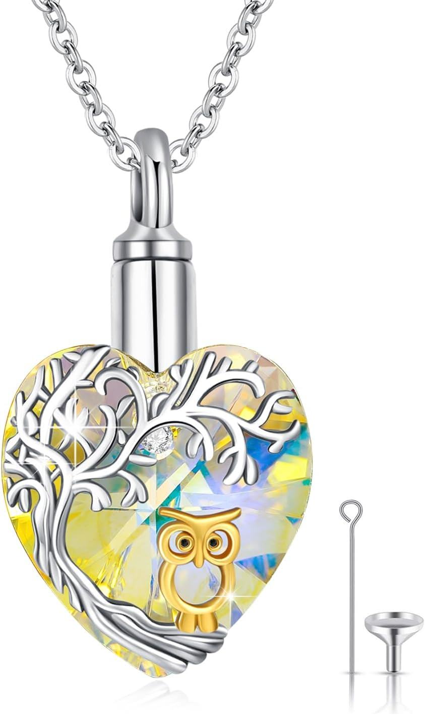 Sterling Silver Crystal Tree of Life Urn Necklace for Ashes w Funnel-Owl Tree of Life Urn Necklace - April