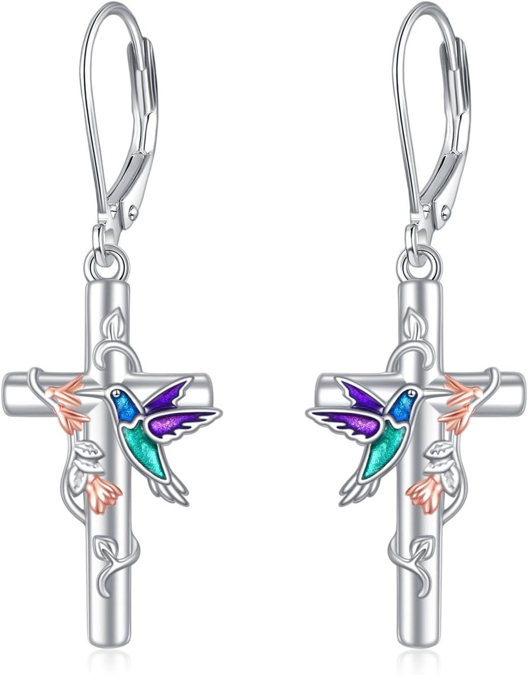 Sterling Silver Owl Dragonfly Butterfly Black Cat Hummingbird Dangle Earrings-Cross Hummingbird Earrings