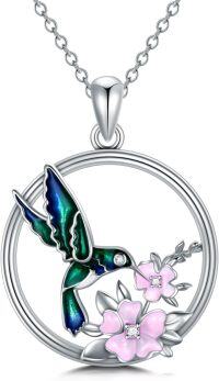 wholesale 925 Sterling Silver Hummingbird & Flower Pendant Necklaces with Cubic Zirconia Stones s for Women Girls-Hummingbird Flower