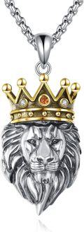 wholesale 925 Sterling Silver Plated  Crowned Lion Head Pendant Necklace with Gold Accents and Cubic Zirconia Stones-0-0