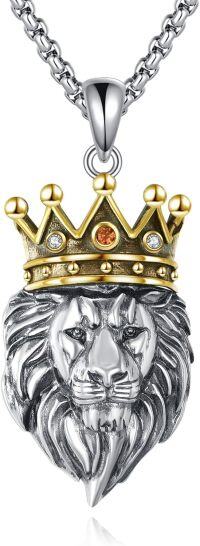 wholesale 925 Sterling Silver Plated  Crowned Lion Head Pendant Necklace with Gold Accents and Cubic Zirconia Stones-Lion
