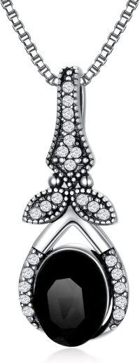 wholesale Sterling Silver Crystal Vintage Necklace 925 Retro Oxidized Dainty Pendant w 8 6 Oval Birthstone Women s Gift-Black