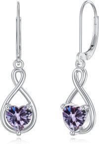 wholesale 925 Sterling Silver Birthstone Infinity Heart Dangle Drop Leverback Earrings for Women-June-Lavender,
