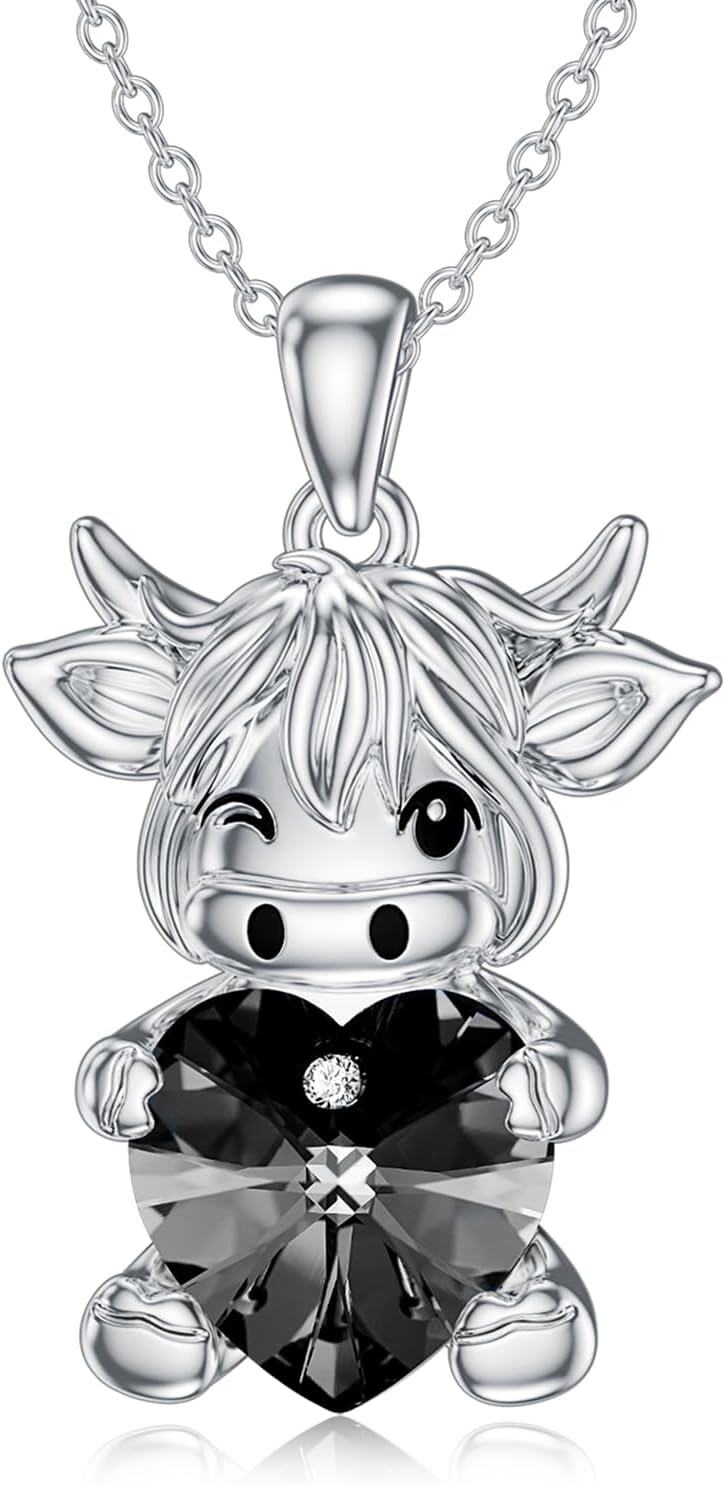 Sterling Silver Crystal Highland Cow Heart Pendant Necklace for Women Girls-0-0