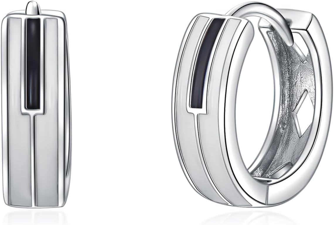 wholesale 925 Sterling Silver Black Stripe Huggie Hoop Earrings-0-0