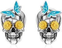 wholesale Sterling Silver Pirate Skull Stud Earrings for Men Women Gothic Jewelry Gifts-Blue Butterfly Skull